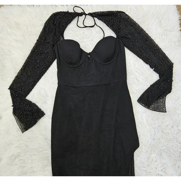 Oh Polly Women's Sz 8 Black Beaded San Marino Long Sleeve Side Slit Maxi Dress Oh Polly Women's Sz 8 Black Beaded San Marino Long Sleeve Side Slit Maxi Dress